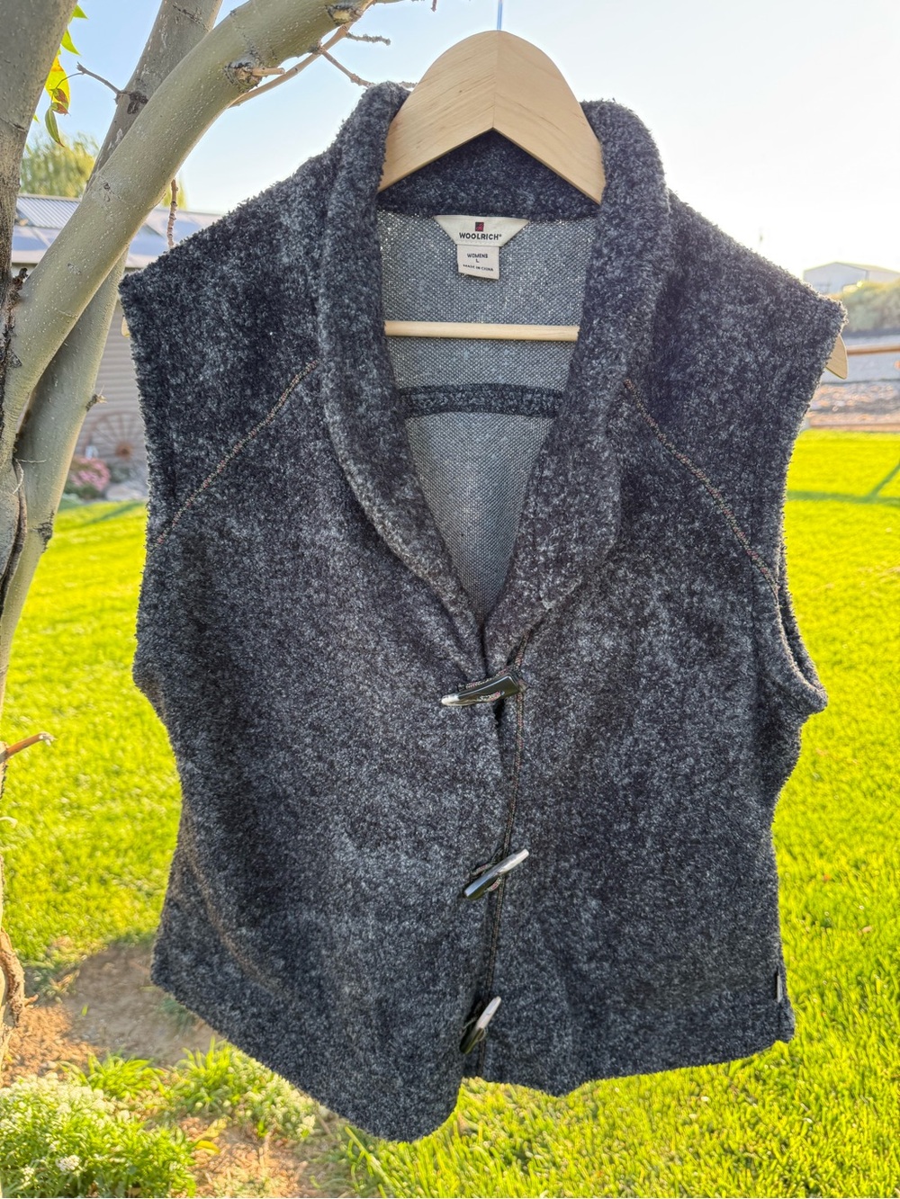 Woolrich Vest Women Large Onyx Heather Sherpa Fleece Toggle Vest Heritage.